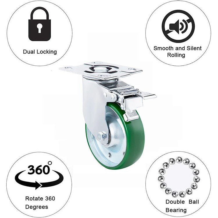 Wholesale Factory 100mm 4 5 6 Inch PU Wheel Casters Industrial Swivel Locking Medium Duty Casters Wheel For Trolley Carts