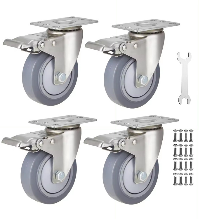 Medium Duty Stainless Steel 3/4/5inch Caster Top Plate Threaded Stem Castor Trolley Casters wheel