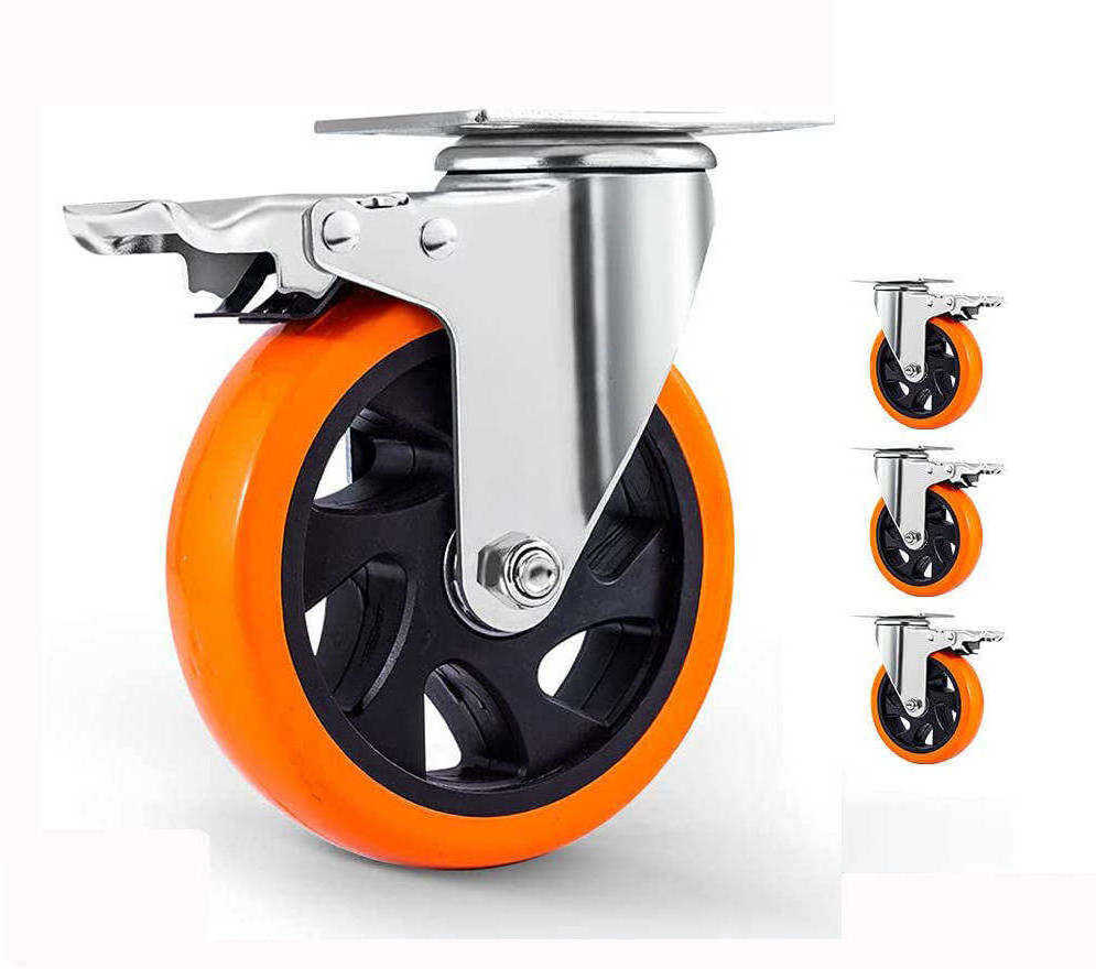 4 inch Heavy Duty 360-degree Swivel Cabinet Cart Casters Load 100kg Lockable Bearing Plate Caster Wheels with Brakes