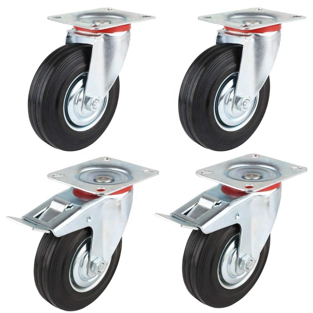 3 3.5 4 5 6 8 inch Zinc Plated Black Rubber Oil Proof Wheel Castor Rigid Swivel Locking Brake Trolley Cart Garbage Casters