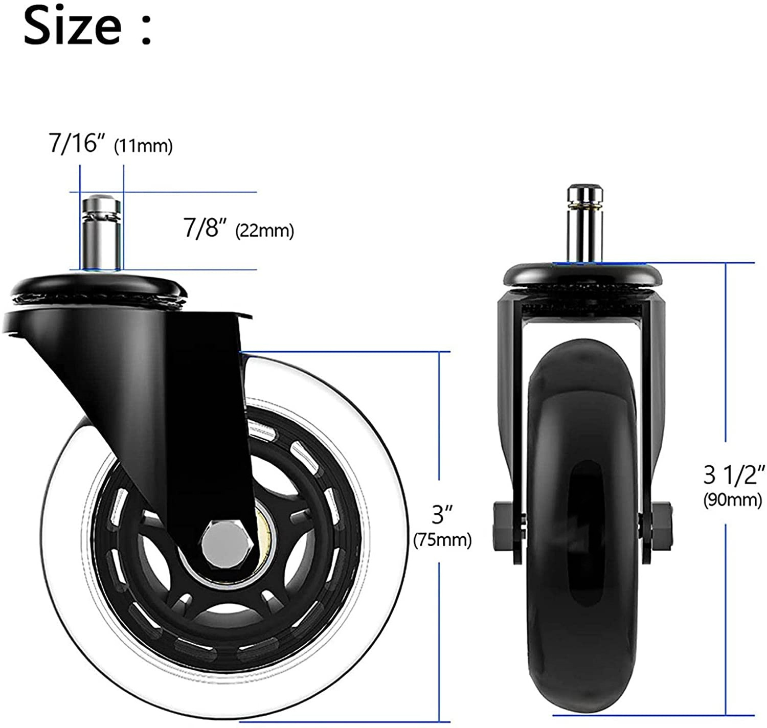 Removeable Transparent Non Marking PU Office Chair Caster Wheels