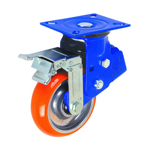 6 Inch Plate Heavy Duty AGV Caster Wheel With Brakes Industrial Shock Absorbing PU Caster