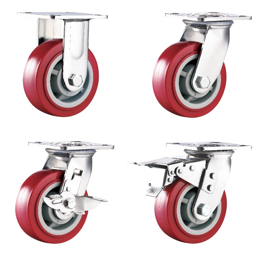 4/5/6/8 Inch Heavy Duty Red Swivel Caster 150mm PP Core PU Polyurethane Castor Wheels for Trolley