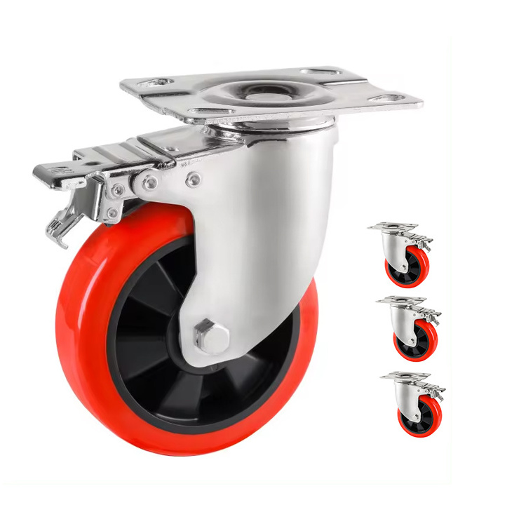 4 Inch Orange Red Industrial Top Plate Castor 100mm Rueda Giratoria PVC Swivel Trolley Heavy Duty Caster Wheels