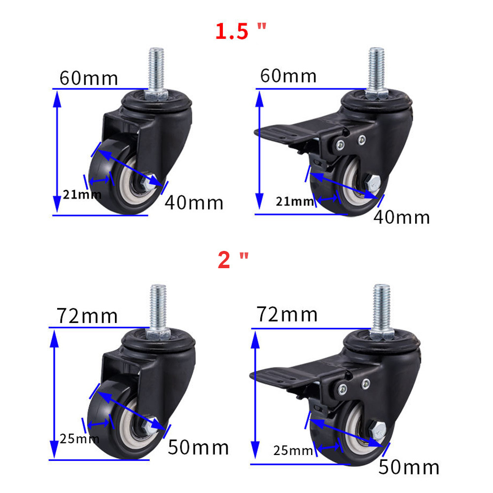 1.5 2 2.5 3 inch 40mm 50mm Black Red Blue White Orange Small Wheel Swivel stem furniture trolley castors PVC PU Caster Wheels