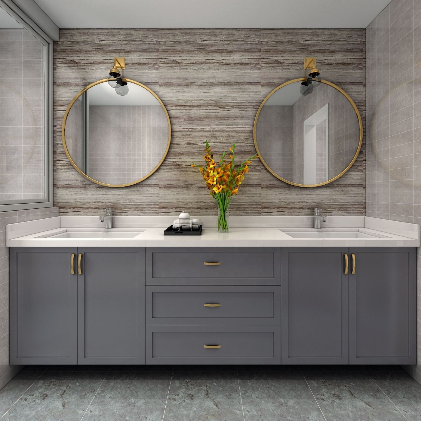 Luxury custom made solid wood modern bathroom vanity with marble tops