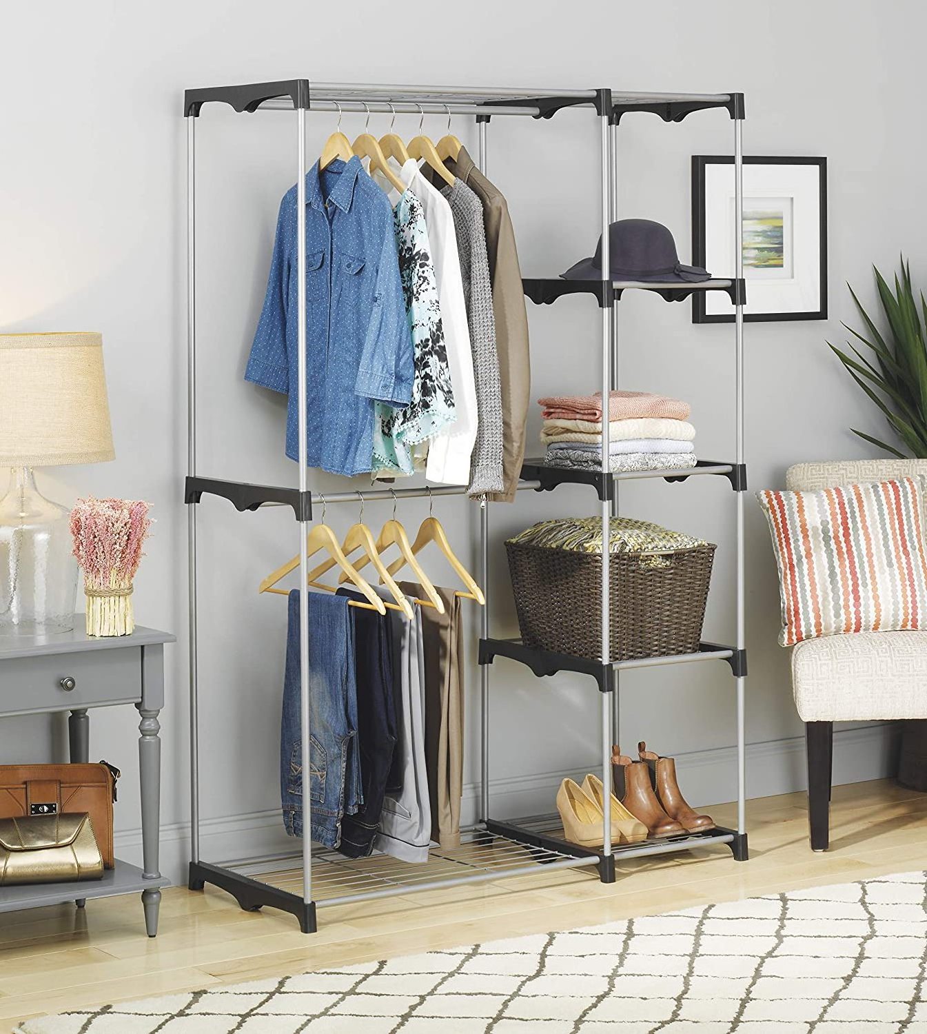 Metal Double Rod Freestanding Closet Wardrobe Heavy Duty Storage Organizer