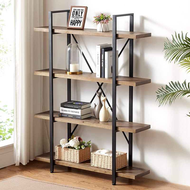 Antique Sturdy Real Natural Wood Storage Book Shelf Solid Wood Bookshelf 4 Tier Tall Open Metal Bookcase