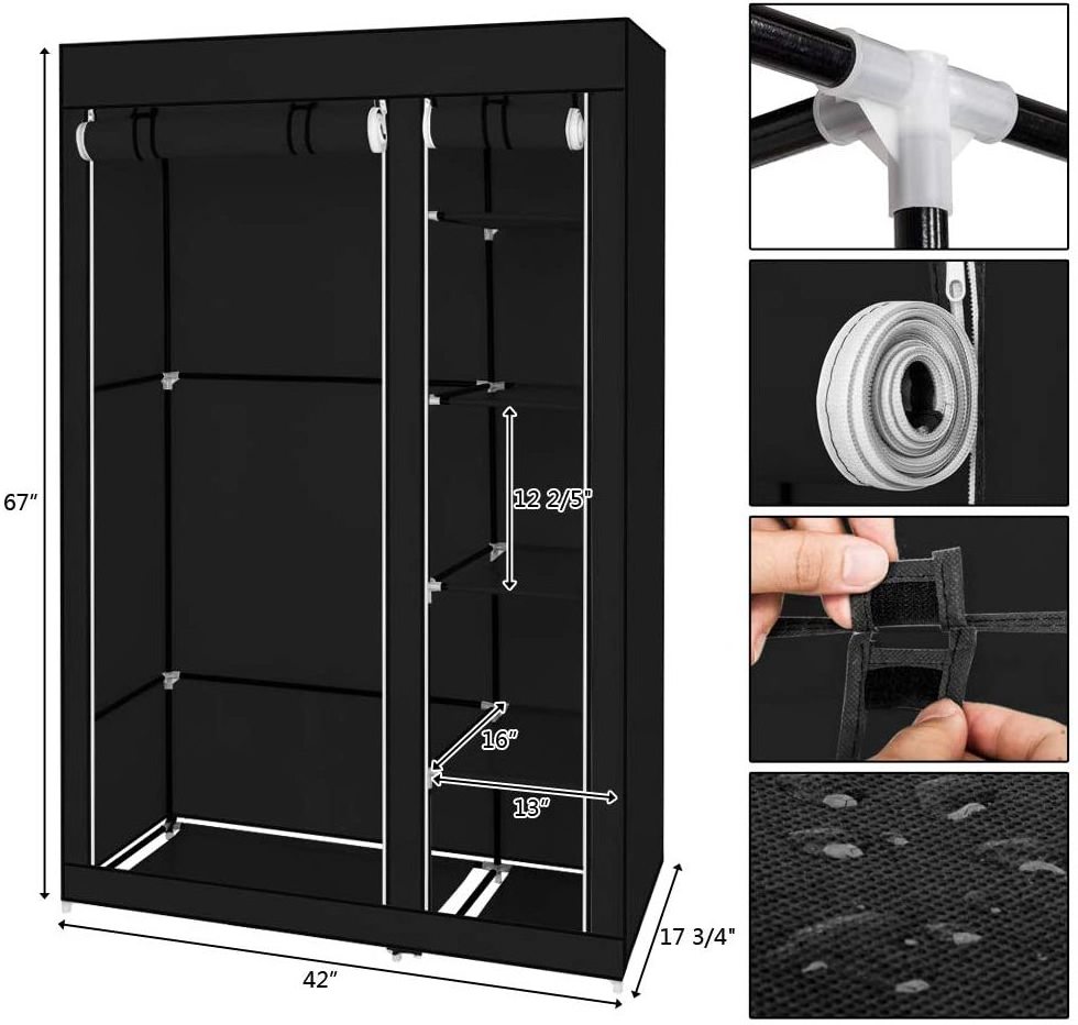 Portable Foldable Wardrobe,Waterproof Fabric Closet with Hanging Rods,5-Layer 6-Compartment Clothes Storage Organiser