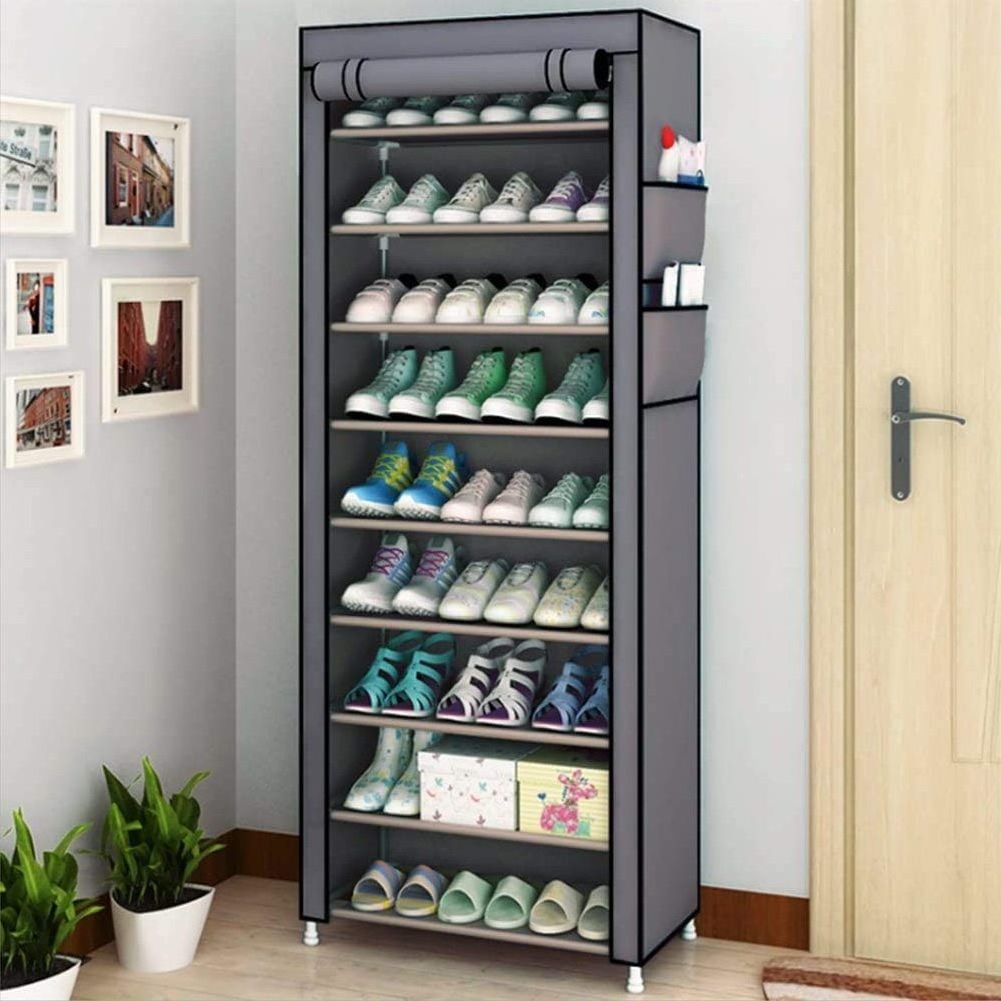 High quality 9 Tier Non-Woven Cloth Shoe Rack with Side Pockets