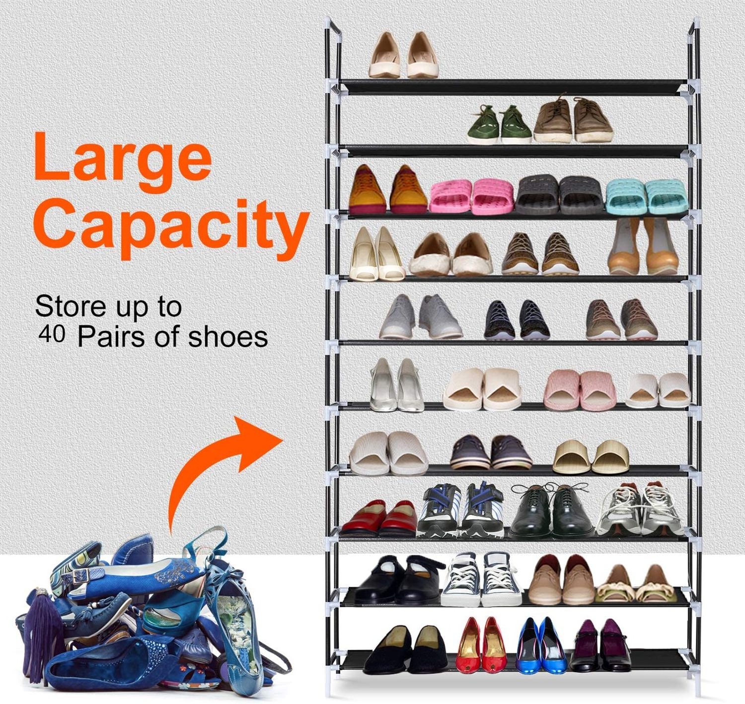 10 Tier Shoe Rack Organizer Tall Shoe Storage for Closets Non-Woven Fabric Metal Sturdy Shoe Shelf Tower Cabinet for Entryway