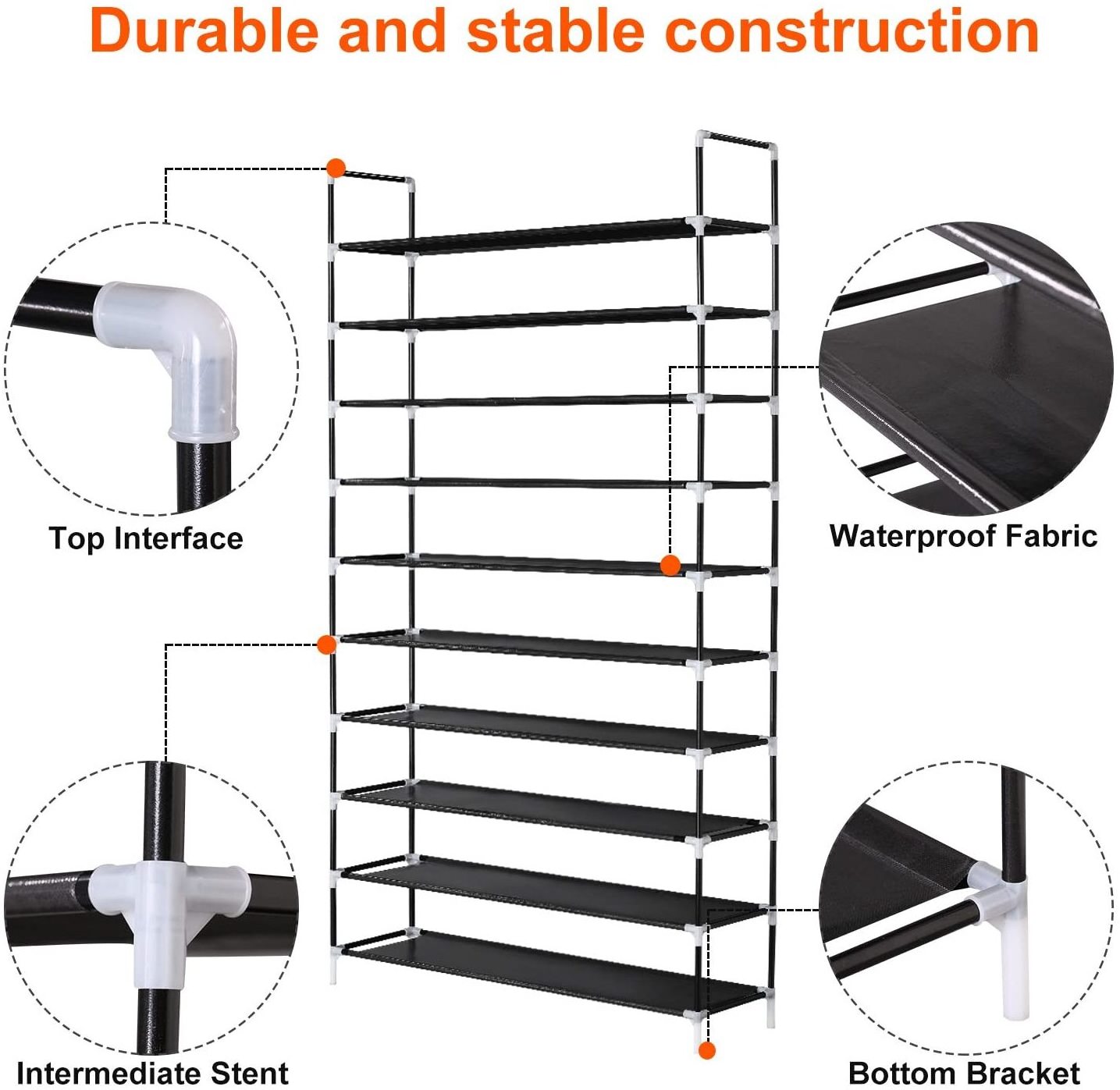 10 Tier Shoe Rack Organizer Tall Shoe Storage for Closets Non-Woven Fabric Metal Sturdy Shoe Shelf Tower Cabinet for Entryway