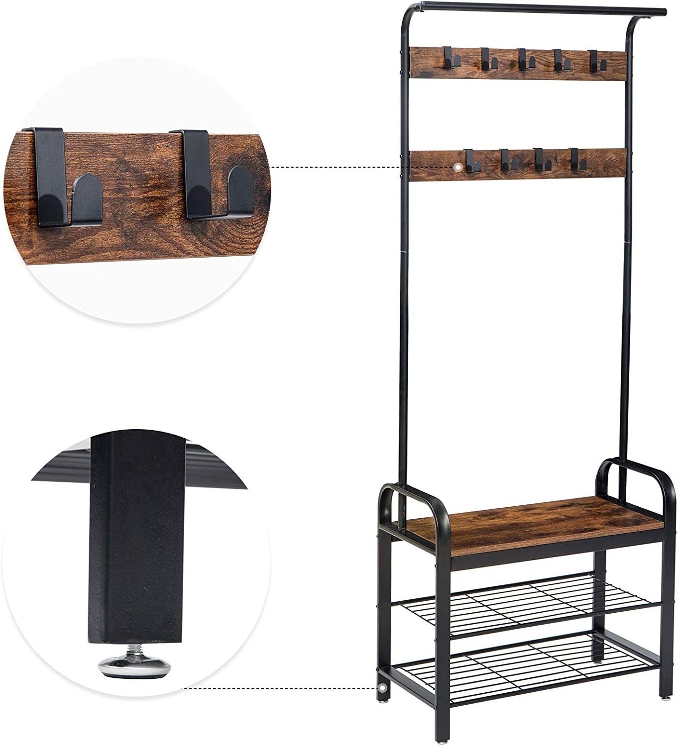 Wholesale Entryway Furniture Industrial Wooden Metal Hall Tree Clothes Coat Hanging Shelf Shoe Coat Rack Stand with Bench