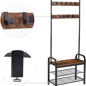 Wholesale Entryway Furniture Industrial Wooden Metal Hall Tree Clothes Coat Hanging Shelf Shoe Coat Rack Stand with Bench