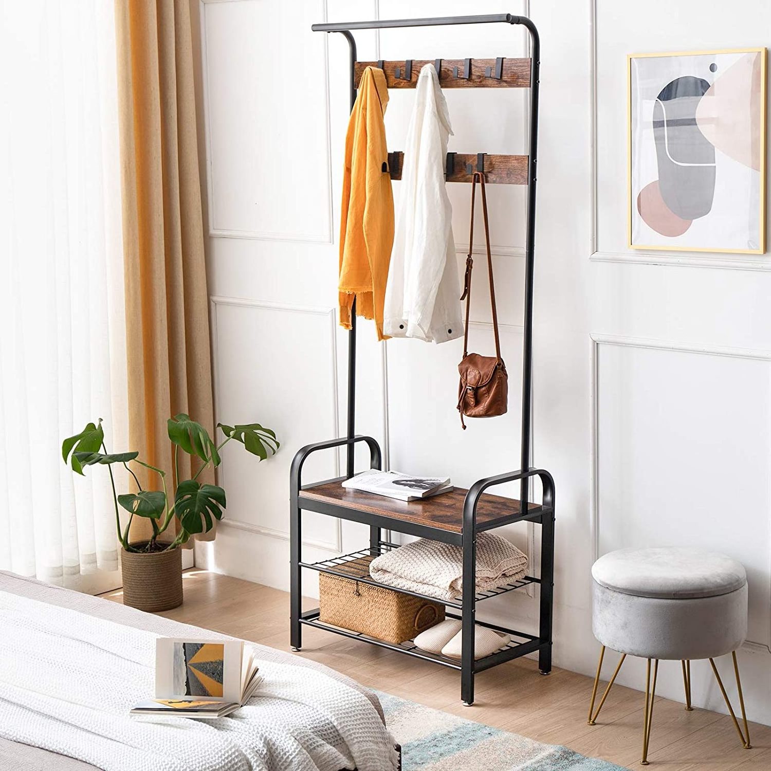 Wholesale Entryway Furniture Industrial Wooden Metal Hall Tree Clothes Coat Hanging Shelf Shoe Coat Rack Stand with Bench