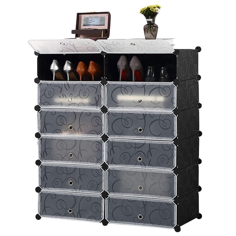 Best-selling DIY Plastic 12 Cube Shoe Rack, Shoes Cabinet Black with White Door