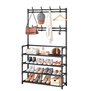 Entryway Shoe Rack Cabinet 3-In-1 Metal Frame Hall Clothes Shoes Umbrella Tree Coat Rack