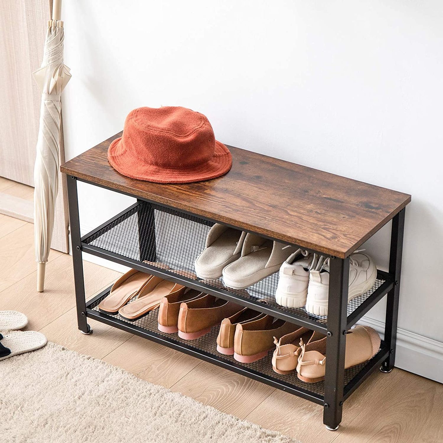 3-tier Industrial Storage Shelf with Seat, Rustic Brow Wooden Shelf Metal Frame Shoe Bench Rack for Entryway Living Room