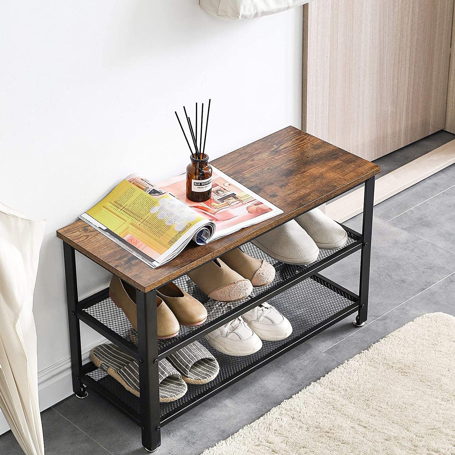 3-tier Industrial Storage Shelf with Seat, Rustic Brow Wooden Shelf Metal Frame Shoe Bench Rack for Entryway Living Room