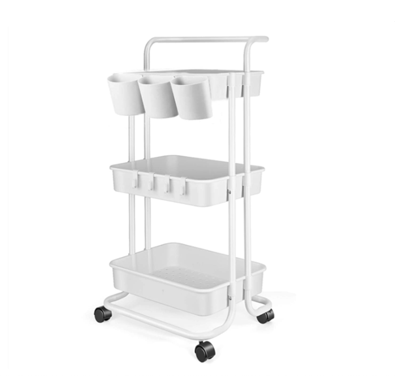 3 Tier Utility Rolling Cart - Storage Organizer Cart  Makeup Cart with Hanging Cups Trolley Handles and Wheels