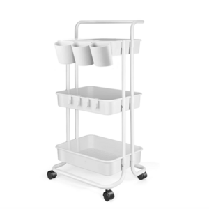 3 Tier Utility Rolling Cart - Storage Organizer Cart  Makeup Cart with Hanging Cups Trolley Handles and Wheels