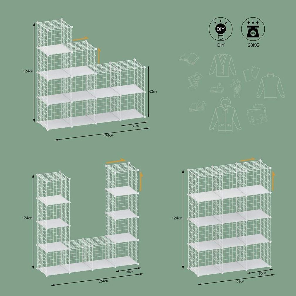 Metal Wire Storage Cubes, DIY 12-Cube Closet Cabinet and Modular Shelving Grids, Wire Mesh Shelves and Rack