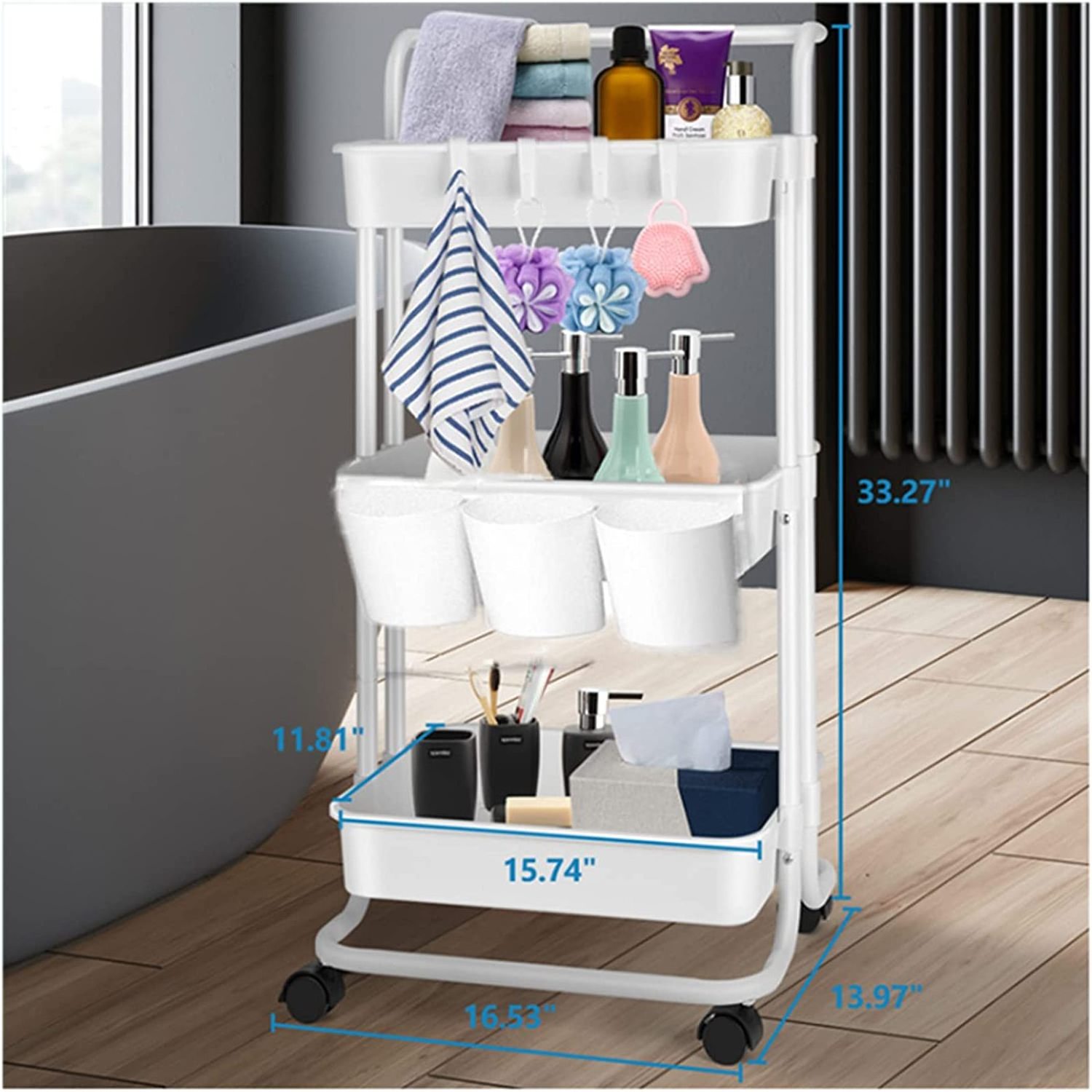 3 Tier Utility Rolling Cart - Storage Organizer Cart  Makeup Cart with Hanging Cups Trolley Handles and Wheels