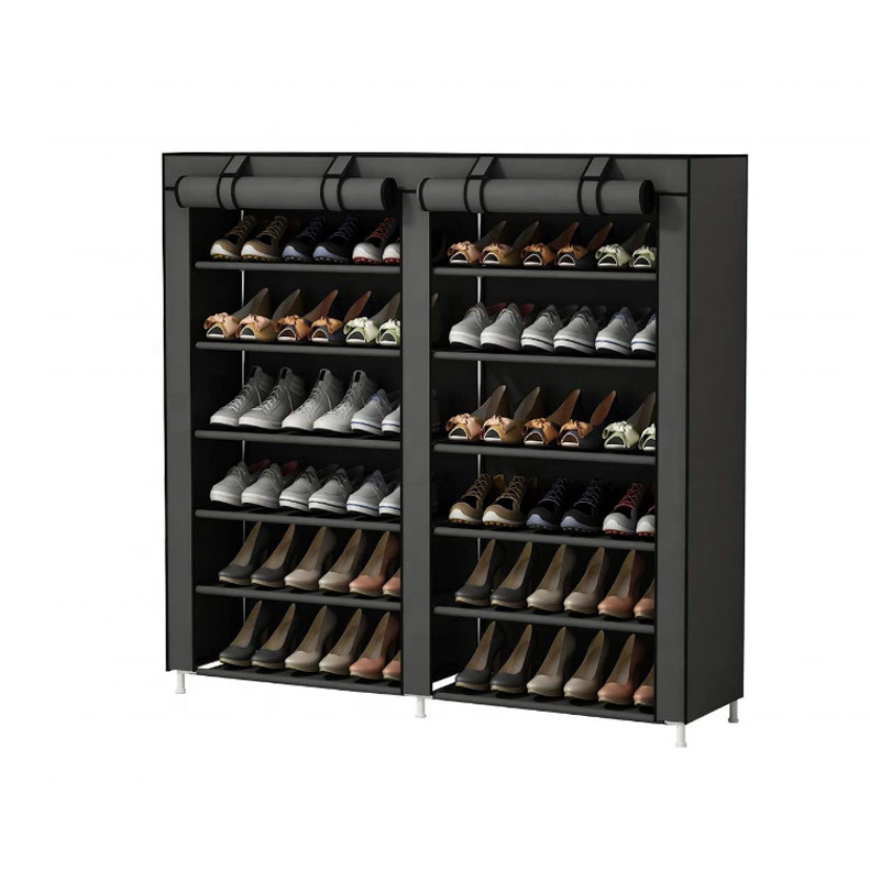 Shoe Rack Storage Organizer Portable Double Row with Fabric Cover Shoe Rack Cabinet for Closet