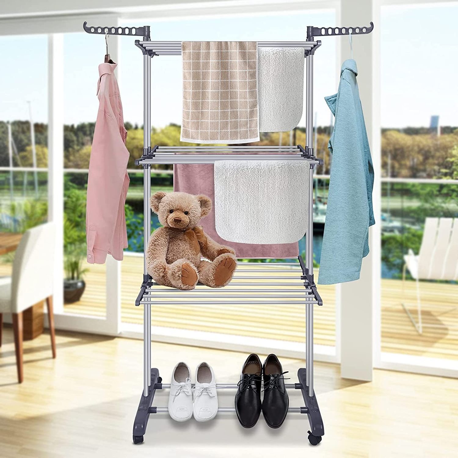 Clothes Drying Rack Folding Clothes Rail 3 Tier Clothes Rack Stainless Steel Laundry Garment Dryer Stand with Two Side Wings