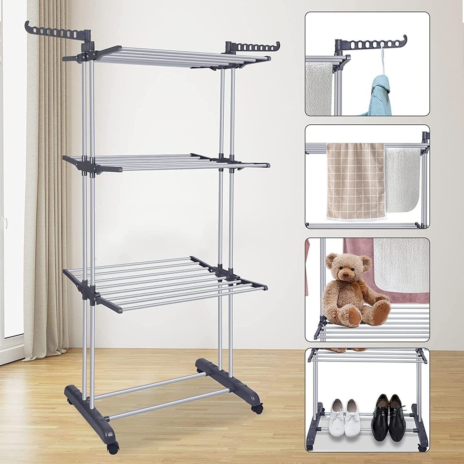 Clothes Drying Rack Folding Clothes Rail 3 Tier Clothes Rack Stainless Steel Laundry Garment Dryer Stand with Two Side Wings