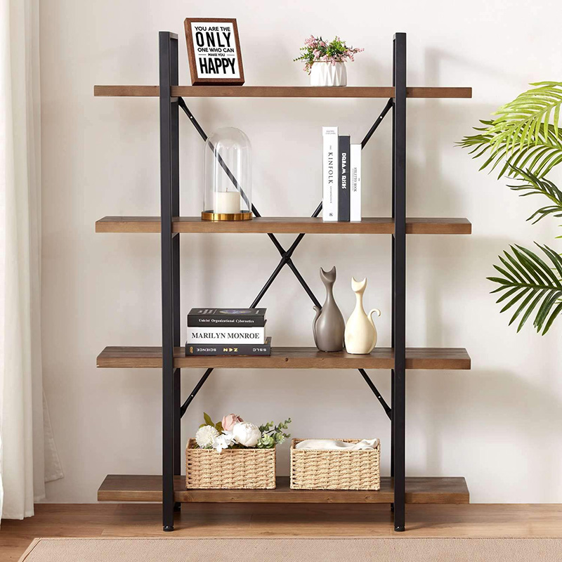 Antique Sturdy Real Natural Wood Storage Book Shelf Solid Wood Bookshelf 4 Tier Tall Open Metal Bookcase