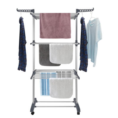 Clothes Drying Rack Folding Clothes Rail 3 Tier Clothes Rack Stainless Steel Laundry Garment Dryer Stand with Two Side Wings