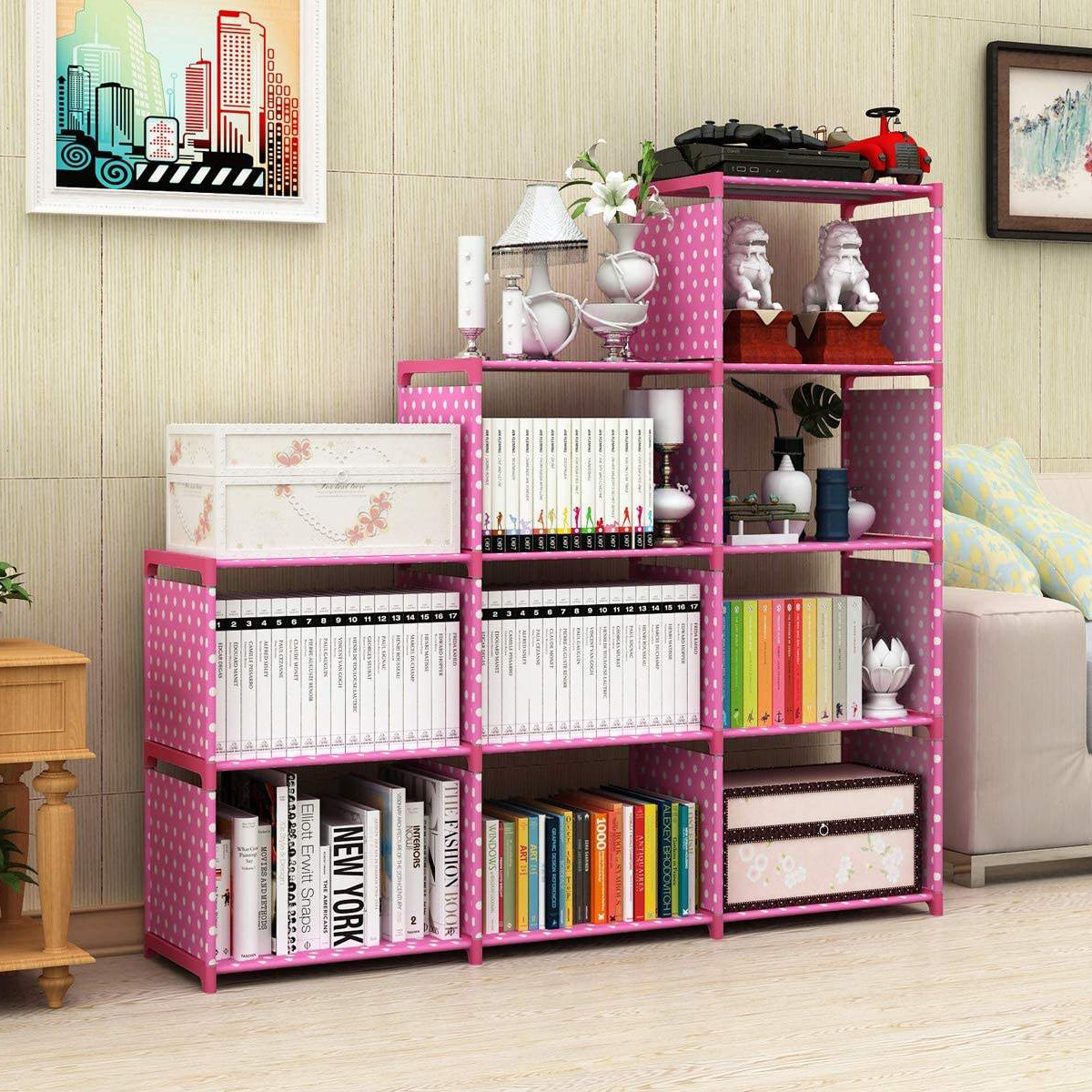 Wholesale Price Metal Book Shelf 9-Cube Diy Storage Bedroom Furniture Iron Kids Pink Book Shelf