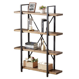 Antique Sturdy Real Natural Wood Storage Book Shelf Solid Wood Bookshelf 4 Tier Tall Open Metal Bookcase