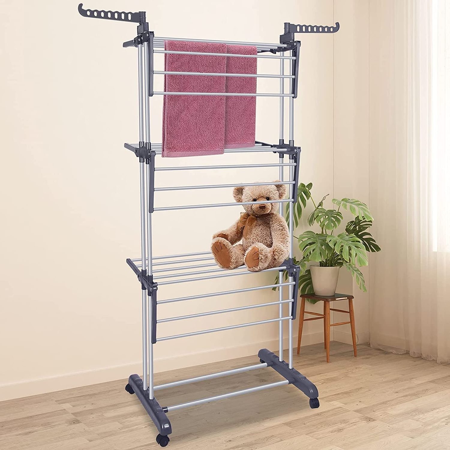 Clothes Drying Rack Folding Clothes Rail 3 Tier Clothes Rack Stainless Steel Laundry Garment Dryer Stand with Two Side Wings