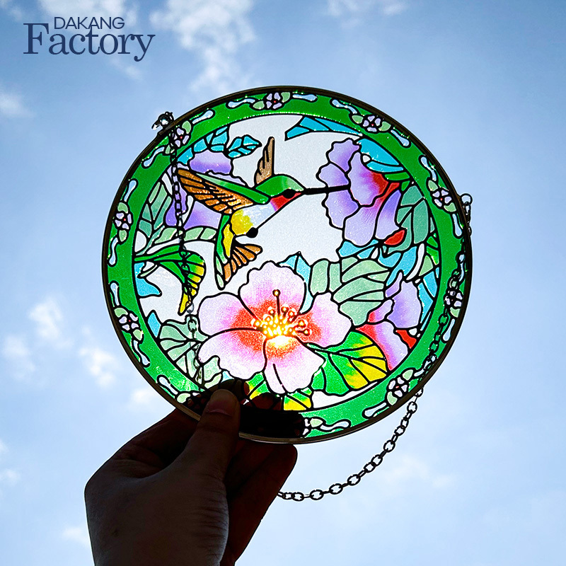 Christmas Ornaments Luxury Round Hummingbird Flower Painting Glass Sun Catcher  Wall Art  Decoration Pieces For Home