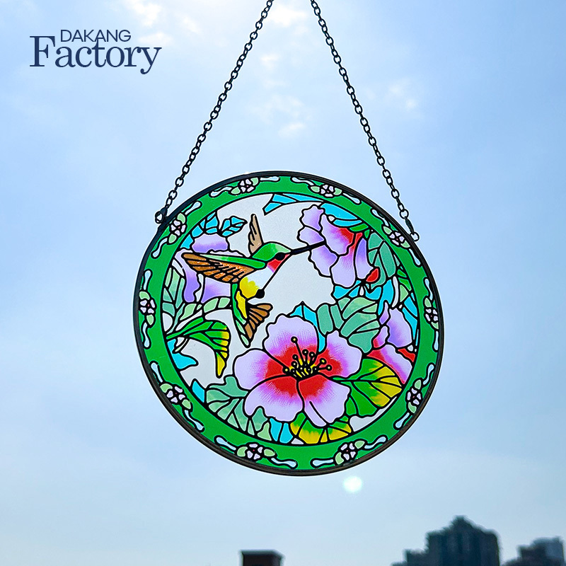 Christmas Ornaments Luxury Round Hummingbird Flower Painting Glass Sun Catcher  Wall Art  Decoration Pieces For Home