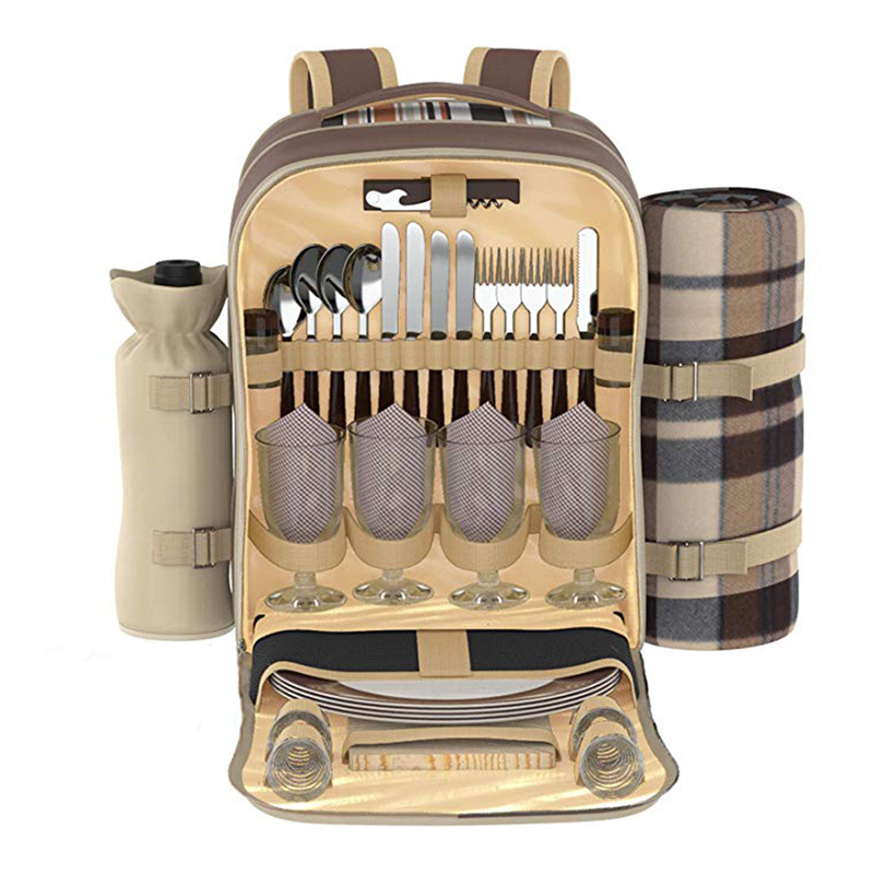 Picnic Backpack Set for 4 With  with Large Insulated Cooler Compartment, Waterproof Fleece Blanket And Detachable Wine Holder