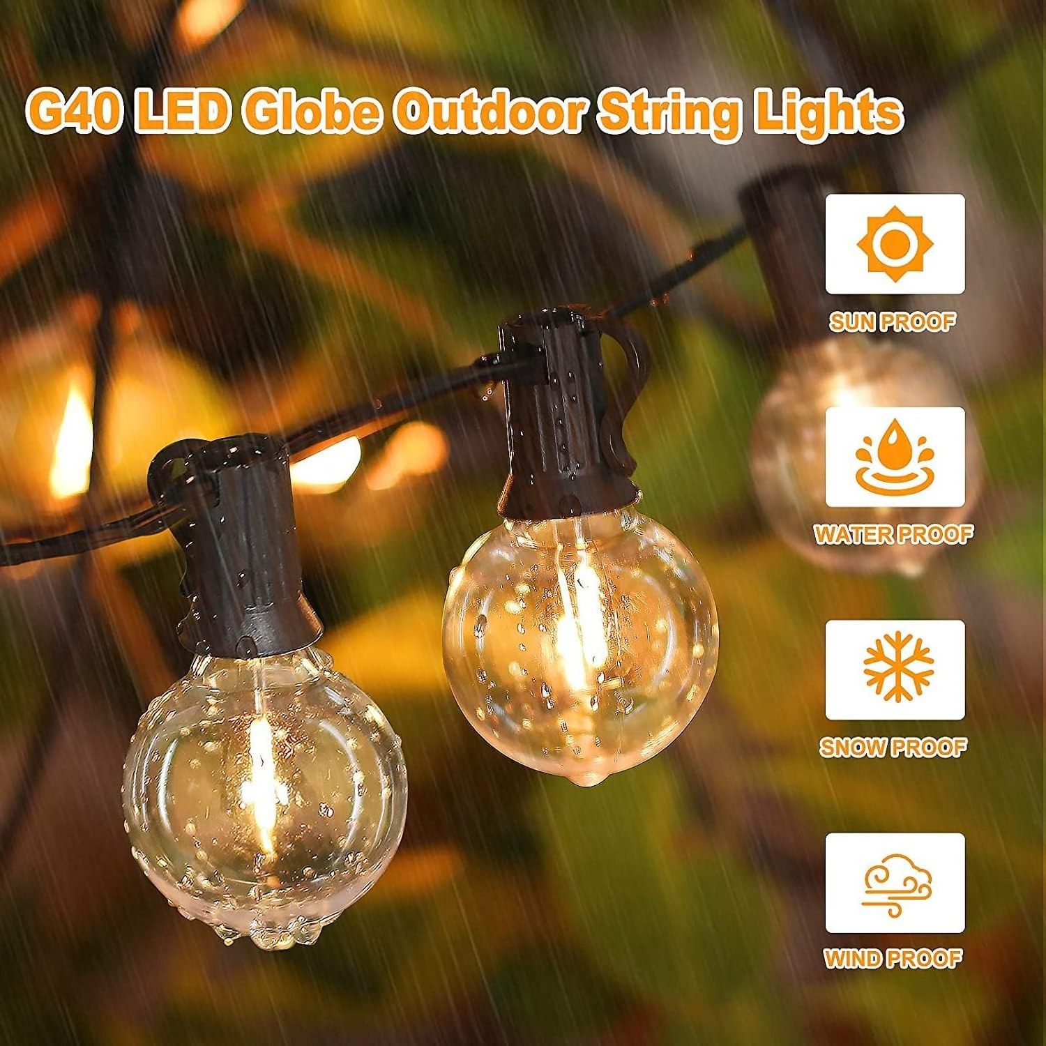 Dimmable Waterproof Shatterproof Light Strings G40 49ft 25 Bulbs E12 Strings Lights Indoor Outdoor Backyard Garland Decoration