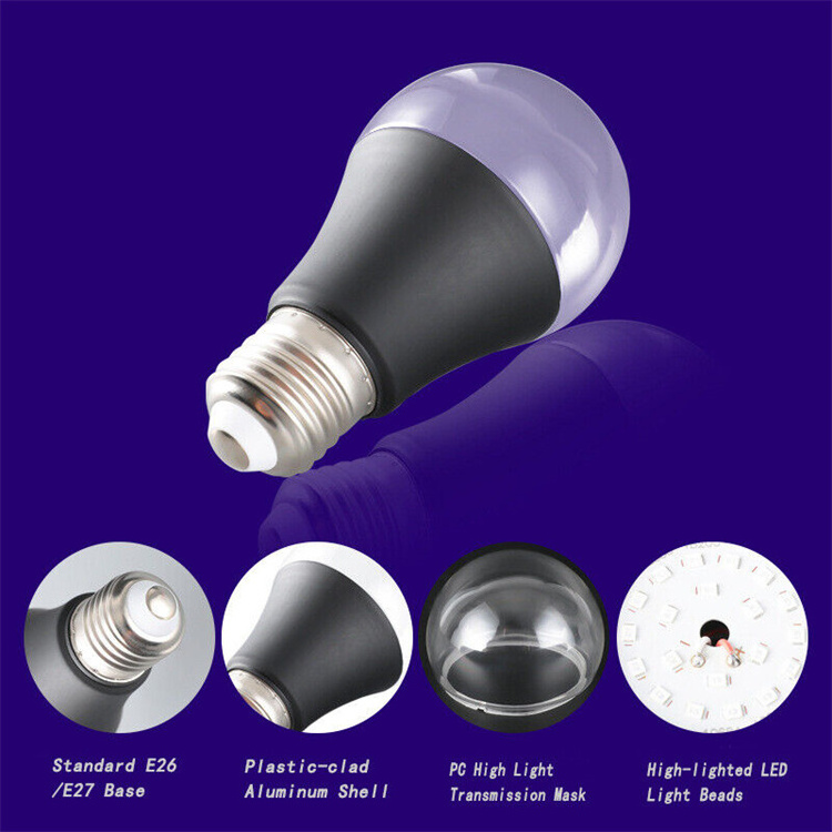 2024 Black Light UV Bulbs 9W 385-400nm E26 A19 60*120mm LED UV violet light black bulb for dancing stage indoor decoration light