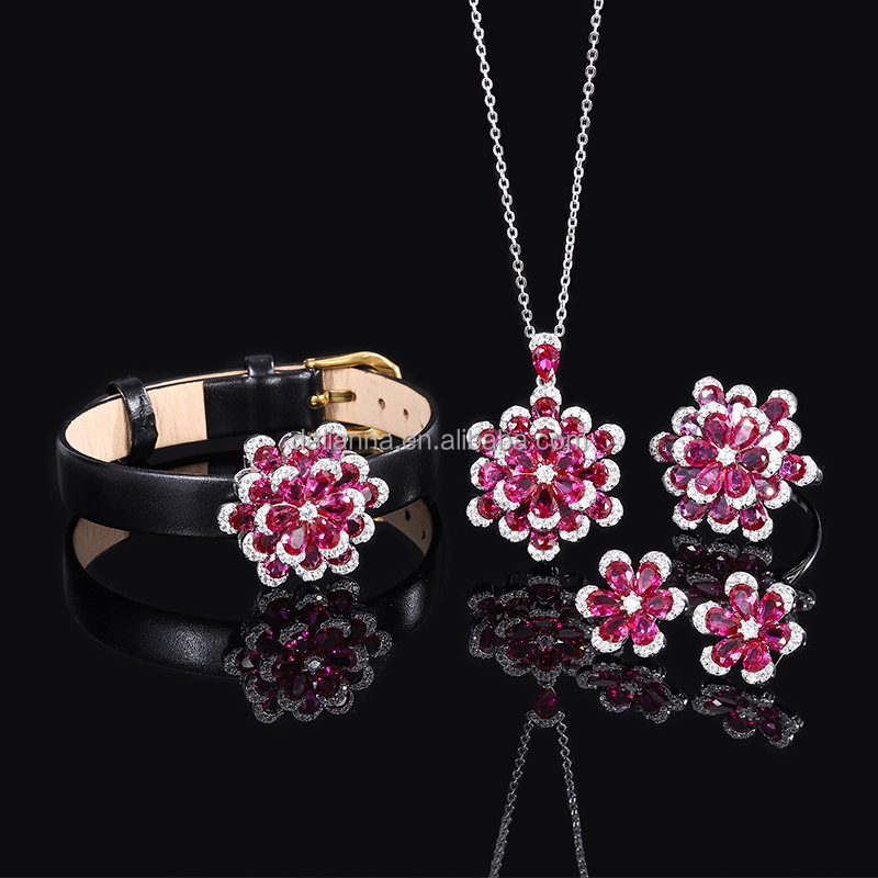 Luxury 4 Pcs Pink Pear-Shaped Drop Big Cubic Zircon Dubai Women Party Costume Jewelry Sets for Brides Wedding