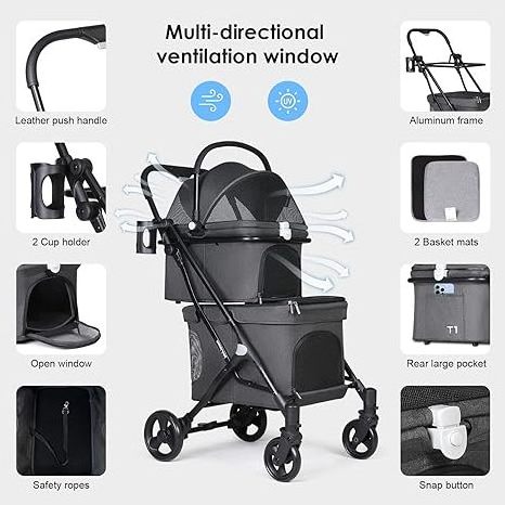 Oem Odm Pet Dog Cat Stroller Detachable Double Decker Outdoor Show Stroller For Twin Dogs