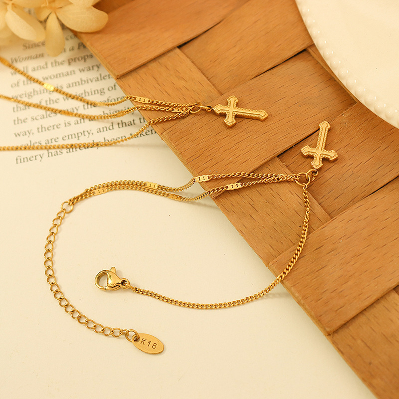 Stainless Steel Cross Bracelet Jewelry Set 18k Gold Plating Clavicle Chain Retro Cross Charm Pendant Necklace For Birthday Gift