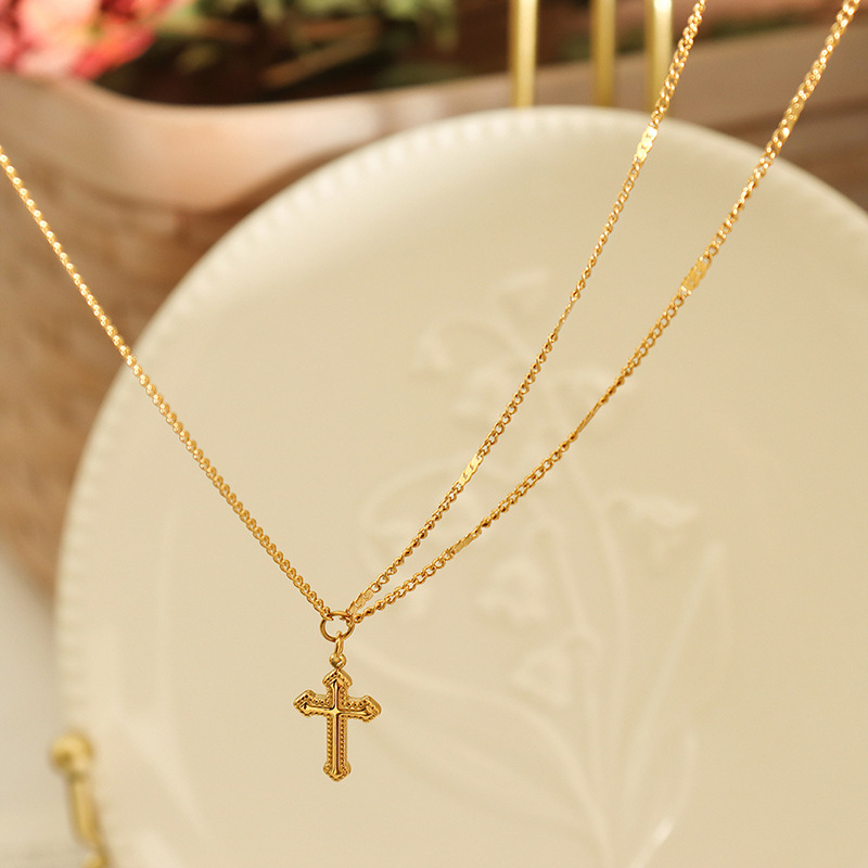 Stainless Steel Cross Bracelet Jewelry Set 18k Gold Plating Clavicle Chain Retro Cross Charm Pendant Necklace For Birthday Gift