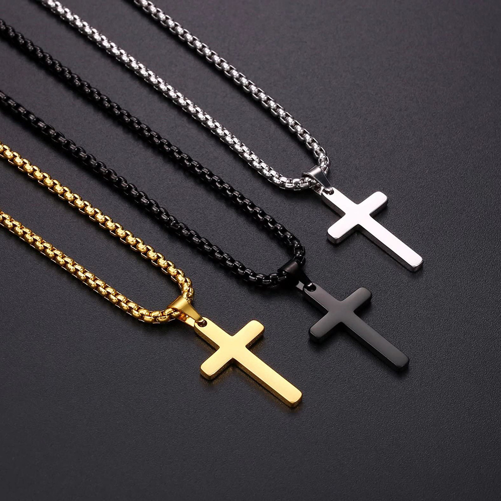 High Quality Waterproof Stainless Steel 18k Gold Plated Necklace Punk Double Layer Cuban Chain Cross Pendant Necklace For Women