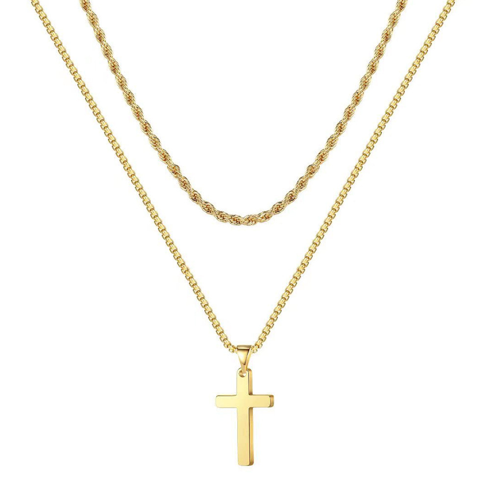 High Quality Waterproof Stainless Steel 18k Gold Plated Necklace Punk Double Layer Cuban Chain Cross Pendant Necklace For Women