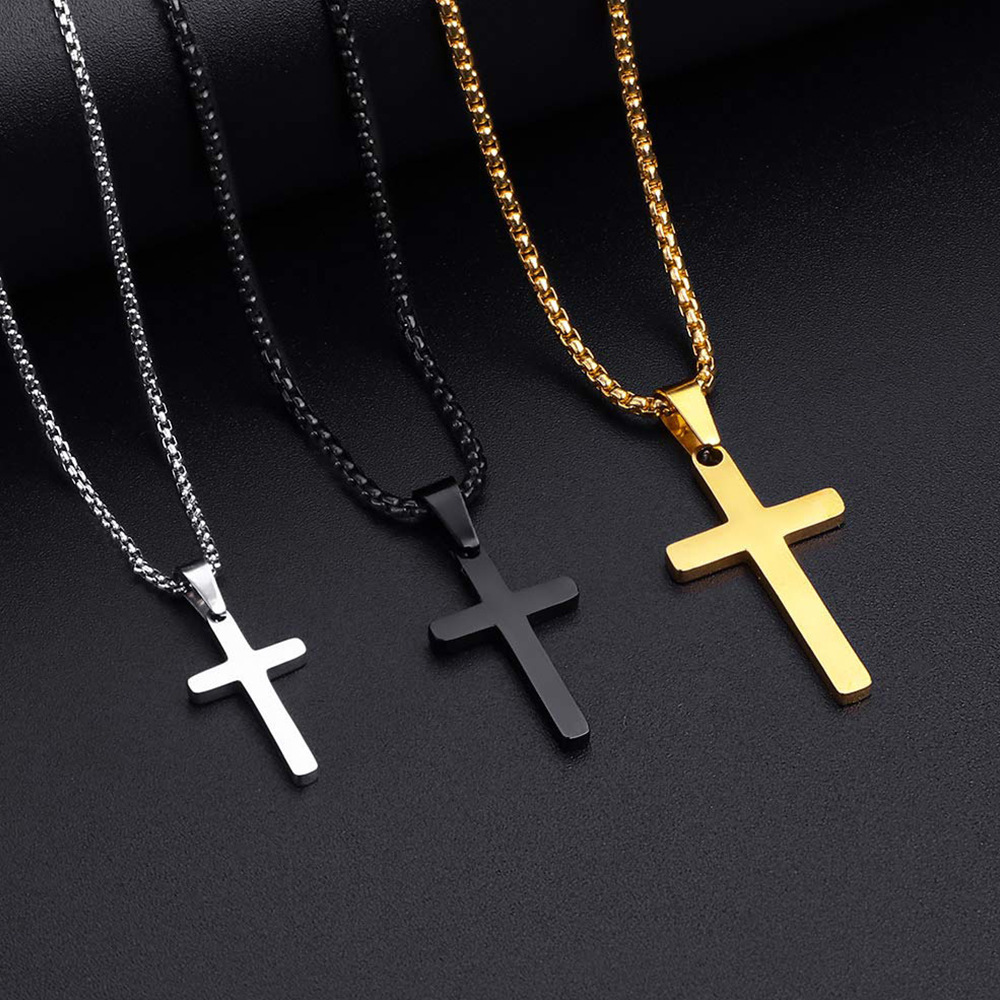 High Quality Waterproof Stainless Steel 18k Gold Plated Necklace Punk Double Layer Cuban Chain Cross Pendant Necklace For Women