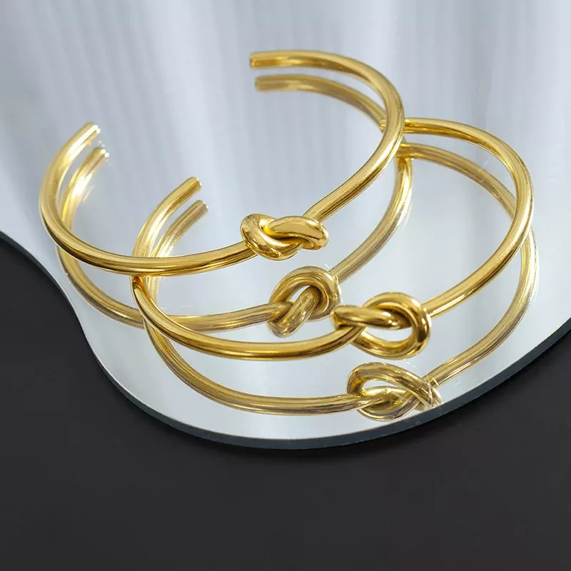 Vintage 18k Pvd Gold Plated Knot Cuff Bangle Lovely Stainless Steel Knotted Open Cuff Bangle