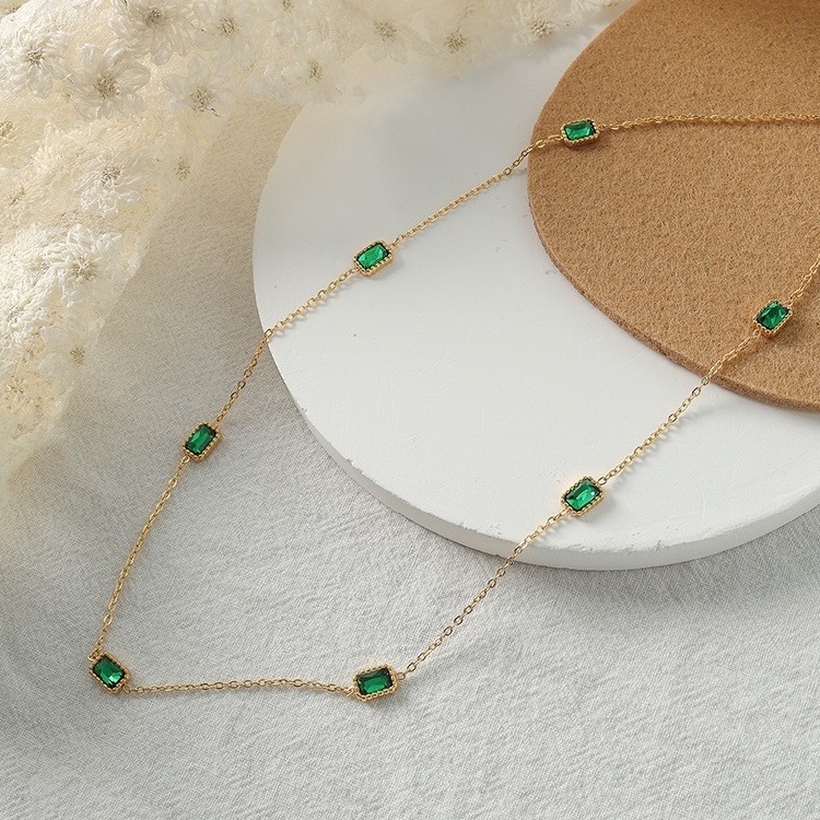 Dainty 18k stainless steel green rectangle chokers zircon fashion necklaces gold chain necklace collar de acero inoxidable