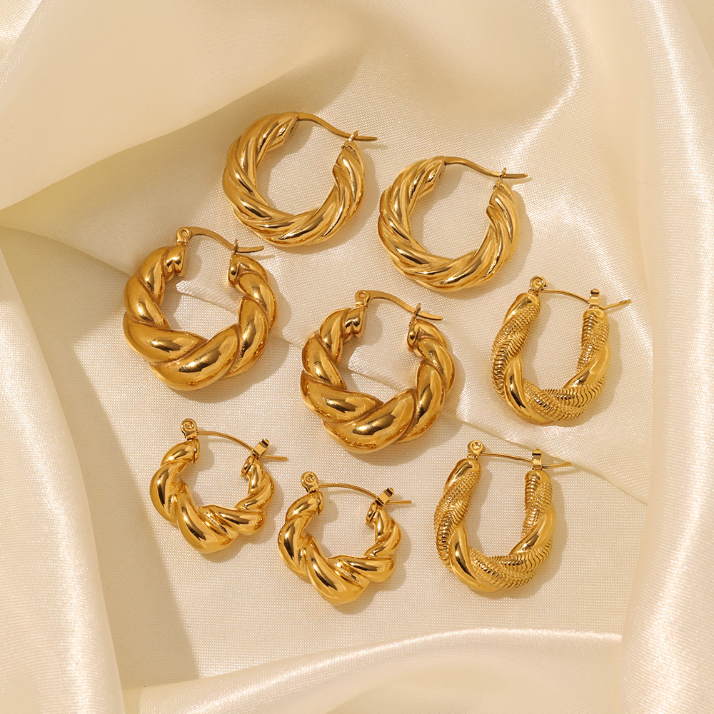 High Quality Waterproof Twisted Stud Earrings Non Tarnish Solid Stainless Steel Gold Plated Large Chunky Hoop Earrings For Girls